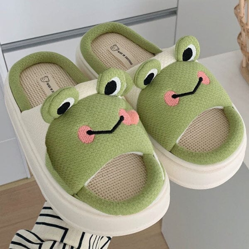 Frog Shhhandals Slippers | Unisex Linen Waffle Knit Plush Animal Slides | Multiple Sizes