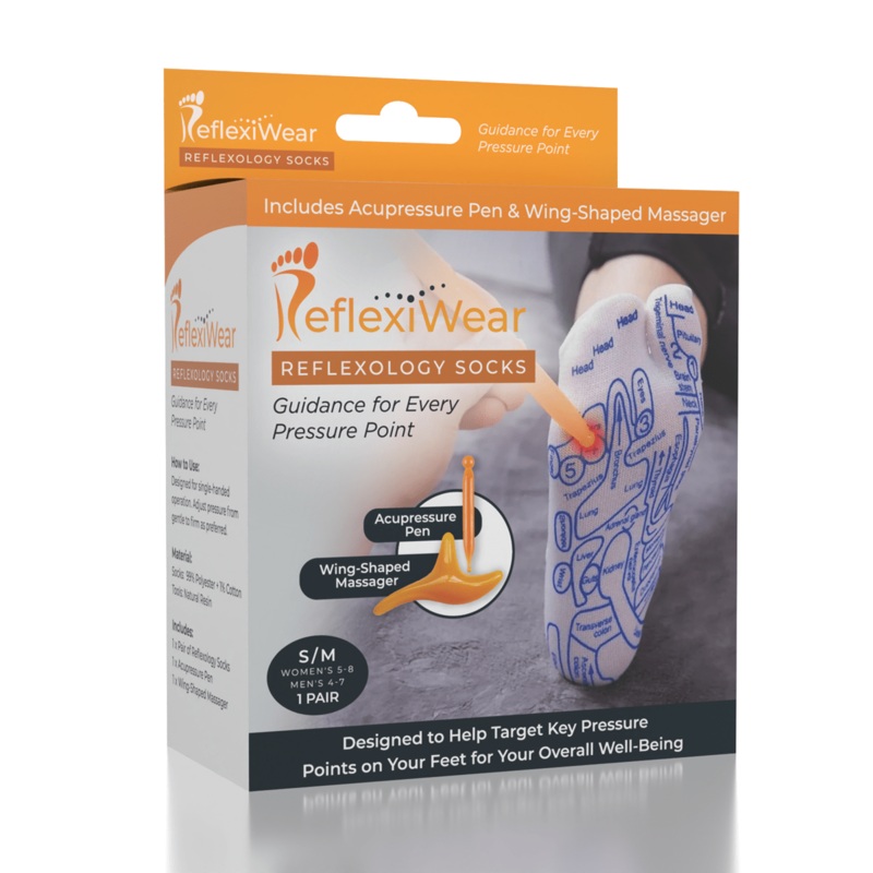 ReflexiWear Reflexology Socks Foot Pressure Point Guide Map (Multiple Sizes) 2 Massage Tools Included