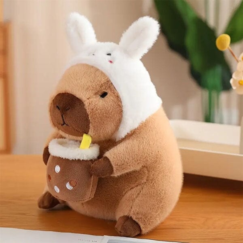 Capybara 9″ Kawaii Bunny Hat & Boba Drink Plush Toy