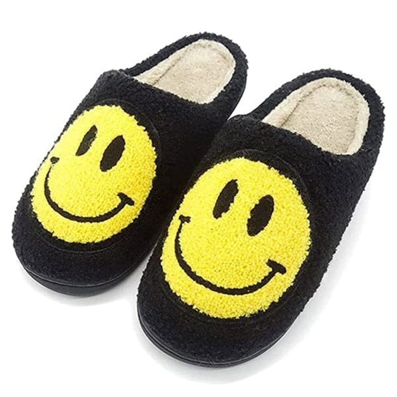 Smiley Face Plush Slippers for Indoors & Outdoors – Black & Yellow (Multiple Sizes)