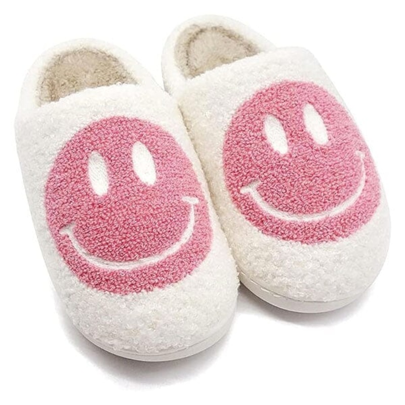 Smiley Face Plush Slippers for Indoors & Outdoors – Pink & White (Multiple Sizes)
