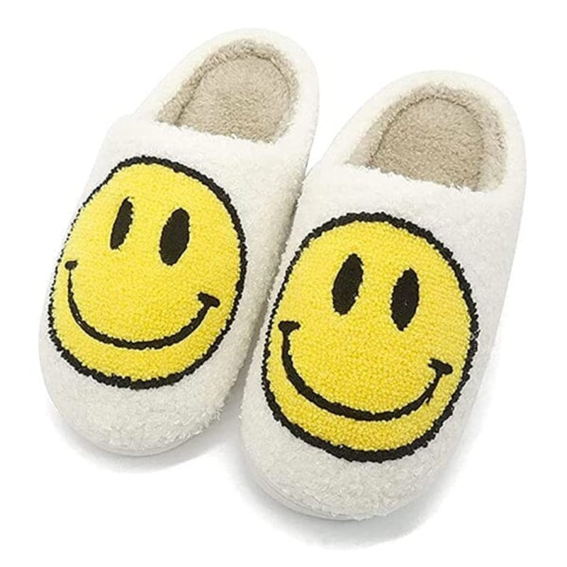 Smiley Face Plush Slippers for Indoors & Outdoors – White & Yellow (Multiple Sizes)